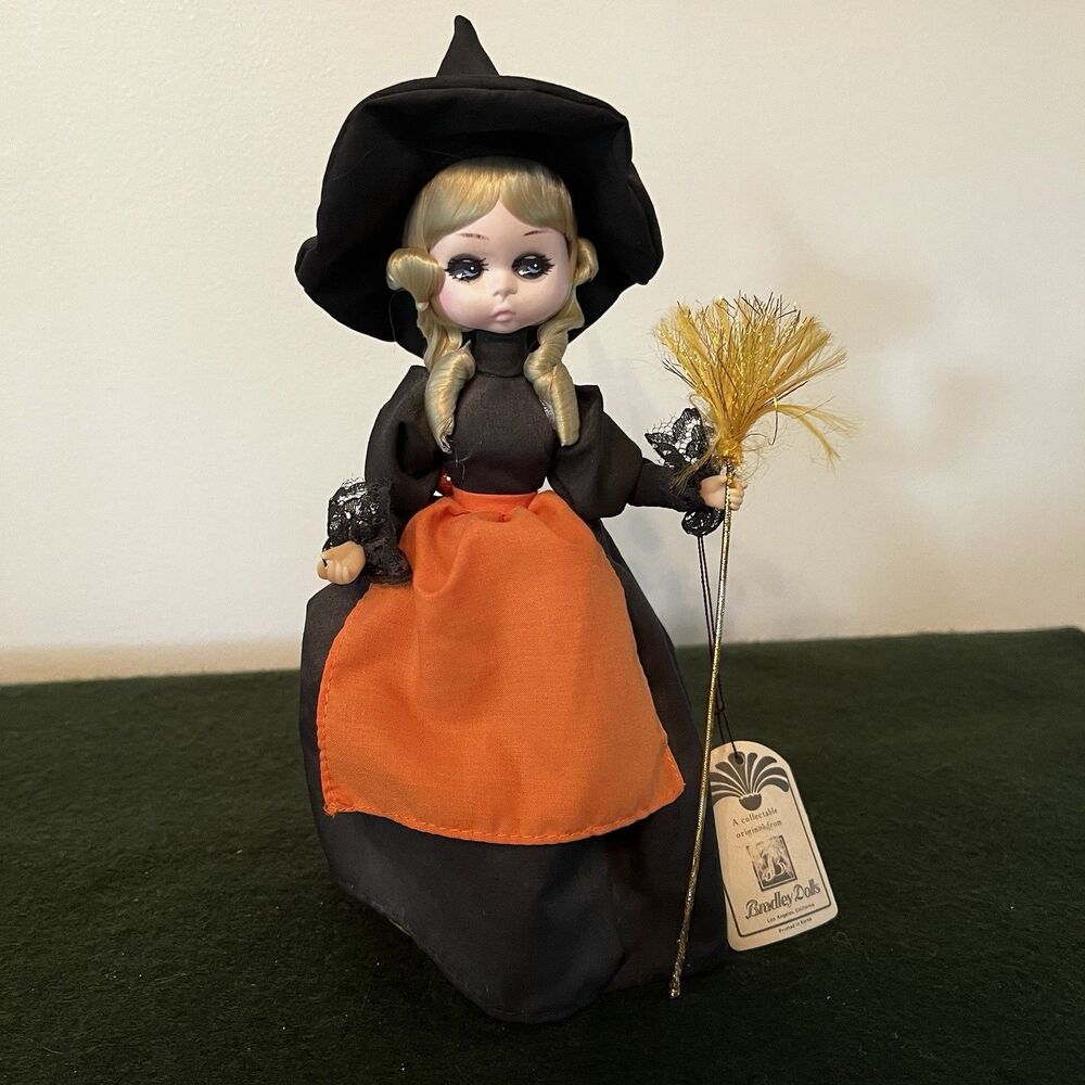 Vintage Miss October Bradley Doll Dressed as Witch on Wooden Base Halloween